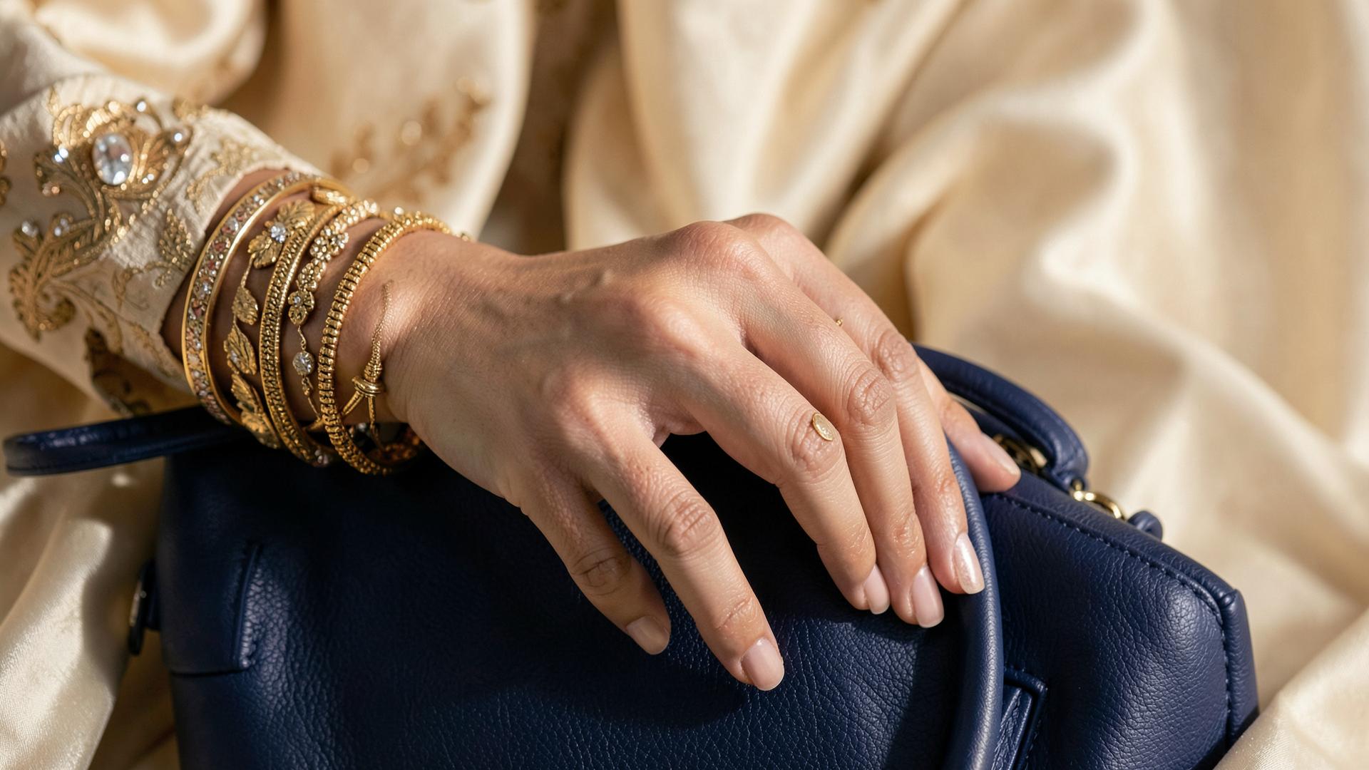 Gold bangles resting on a navy leather handbag