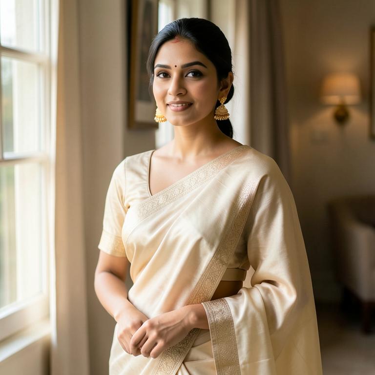 Customer wearing Tanviksha gold jhumkas with an ivory silk saree