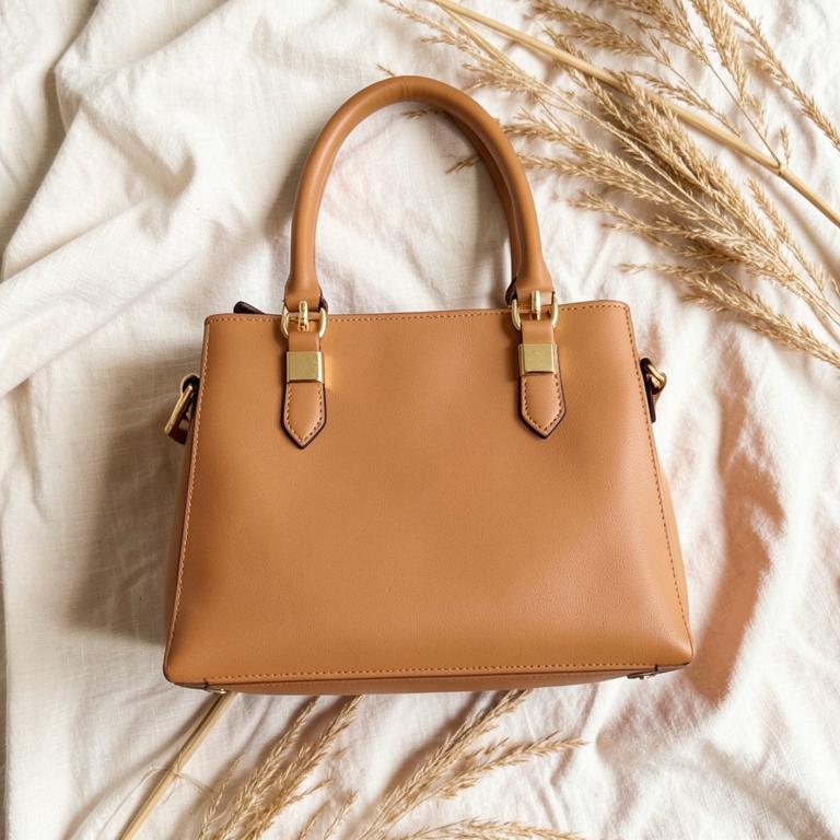 Tan leather handbag styled on ivory linen