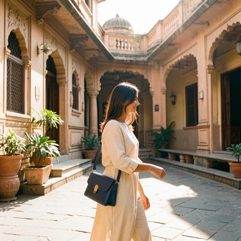 Customer carrying a navy leather crossbody in a sunlit courtyard